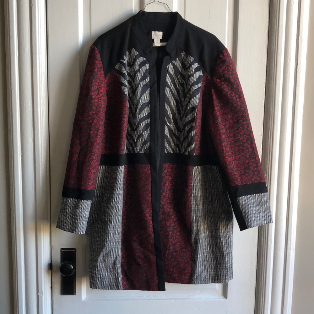 Chico's Black Red Gray Mixed-Pattern Long Coat